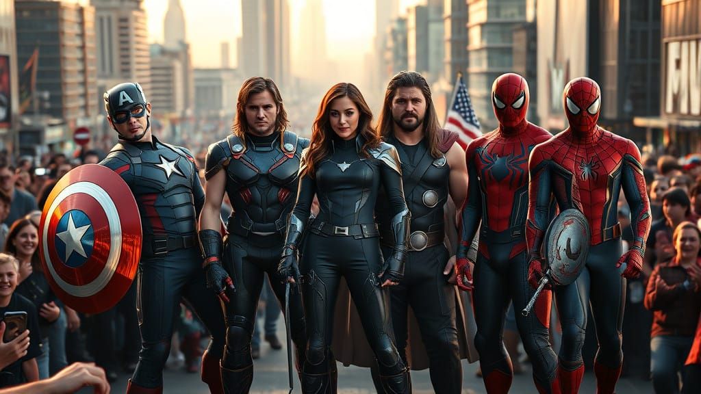 Confident Marvel Super Heroes Unite in Vibrant Cityscape