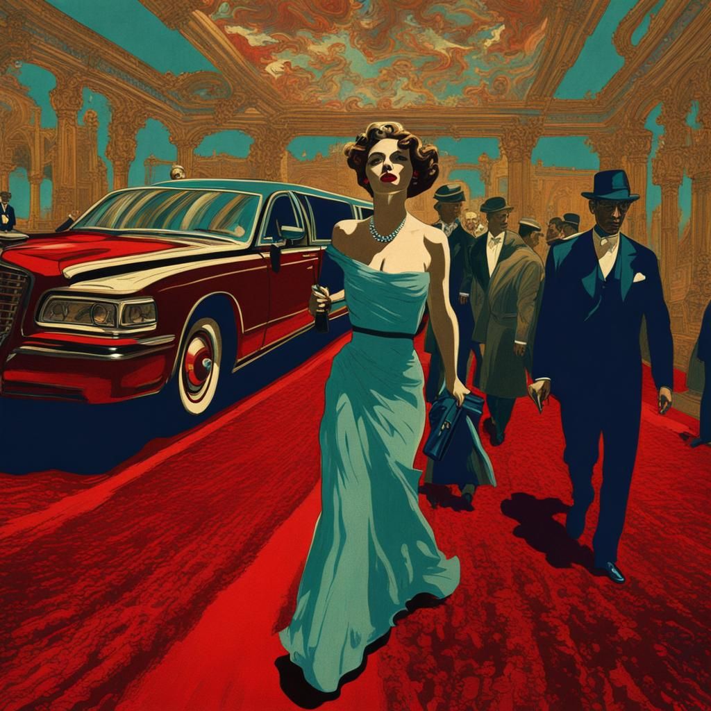 beautiful woman walking down red velvet carpet, limo, paparazzi, camera, flash, camera flash, hyper detailed, expression...