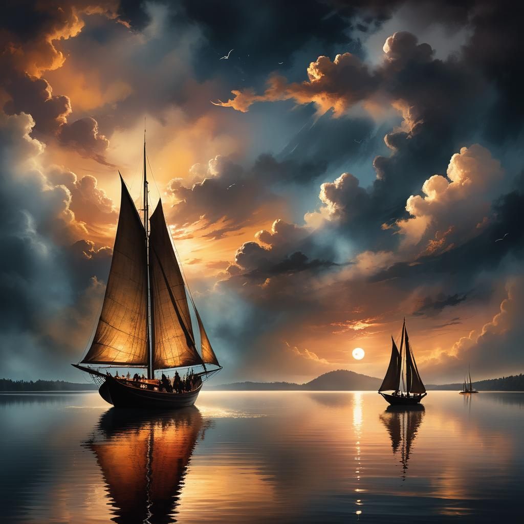 Moonlit Sailboat Voyage in Dramatic, Impressive Darkness