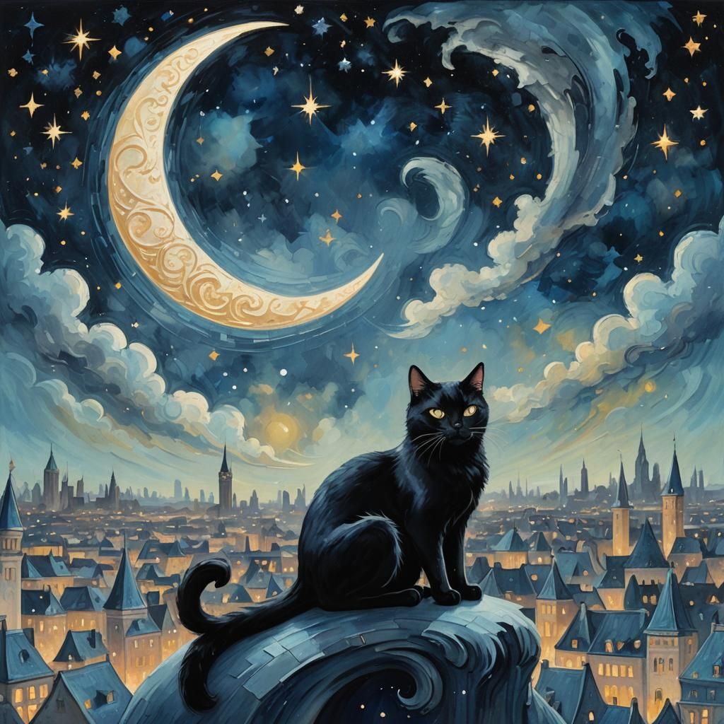 Mystical Black Cat on Crescent Moon, Fantasy Art