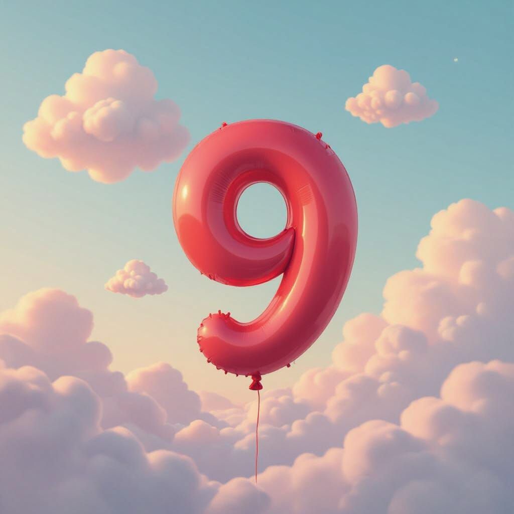 Ruby Red Number 9 Balloon Floating in Pastel Clouds