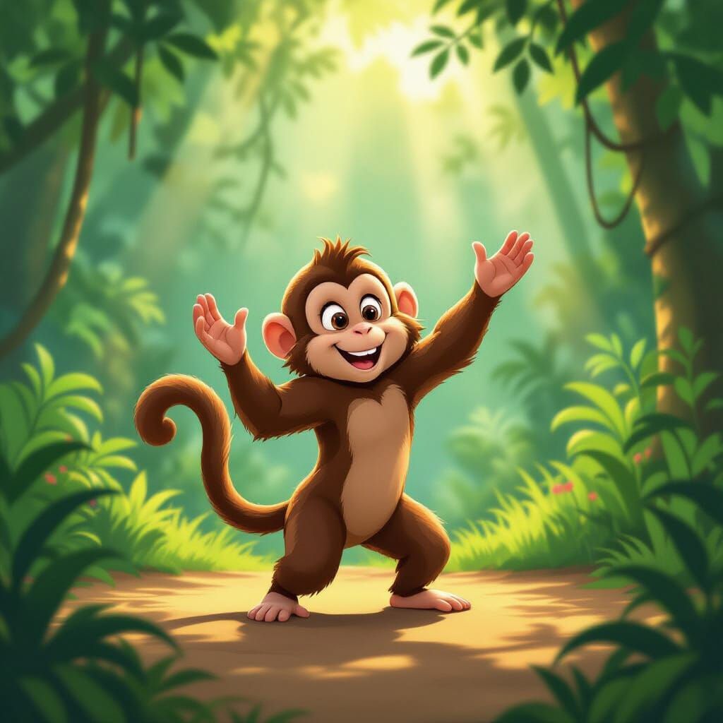 Playful Monkey Dancing in Sunlit Jungle Clearing