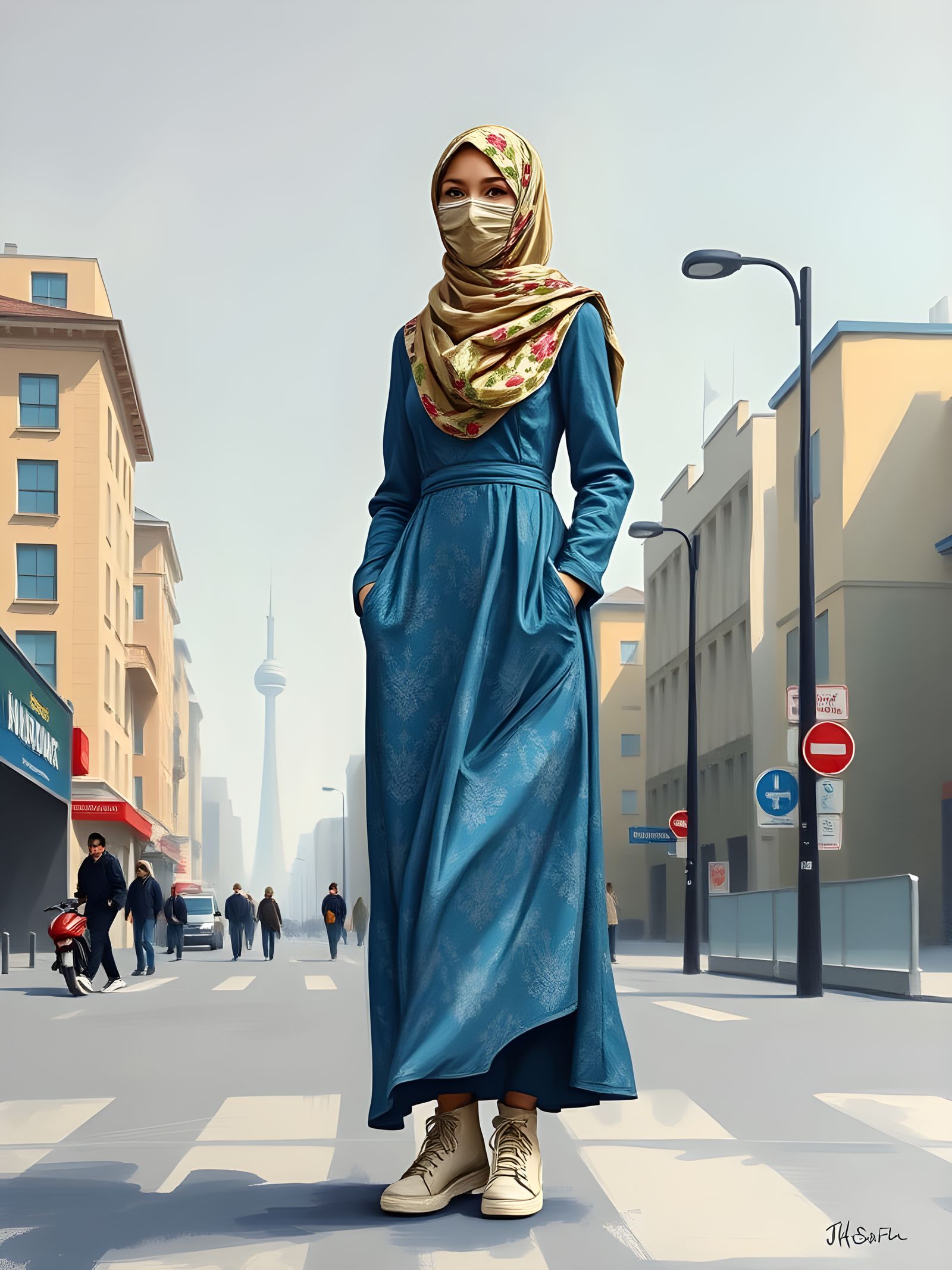 Elegant Hijabi Woman in Modern City Painting