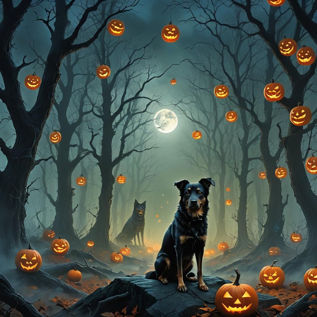 Halloween Dog in Eerie Forest: Fantasy Concept Art