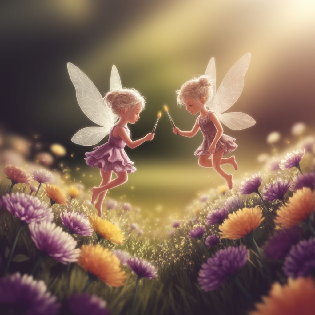 Whimsical Fairies Dance Amidst Vibrant Blooms in a Sunny Mea...