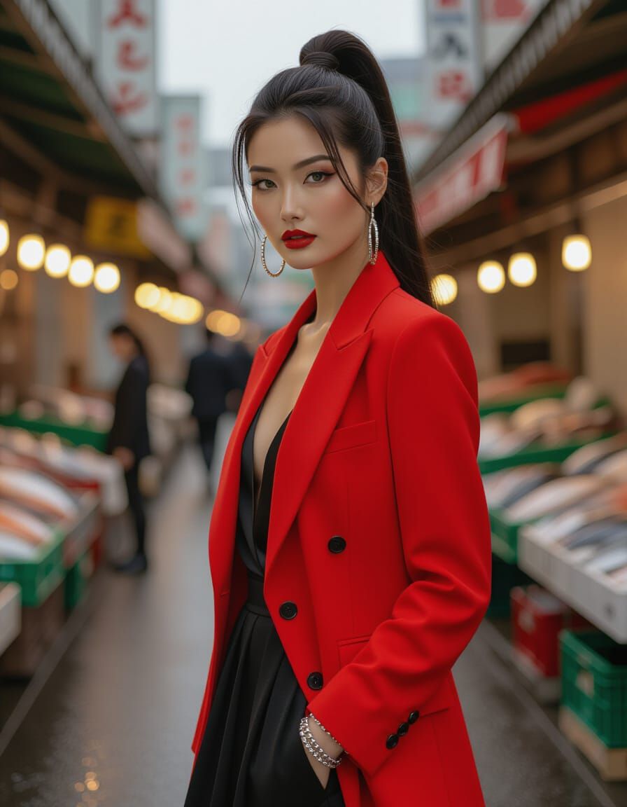 Woman with Emerald Eyes in Bustling Tokyo Fish Market