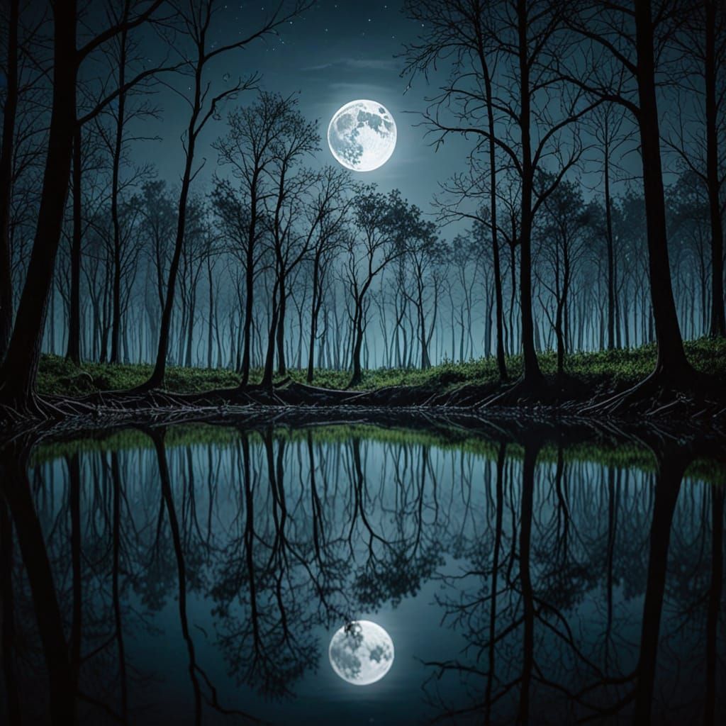 Mysterious Forest with Moonlit Sea Reflection