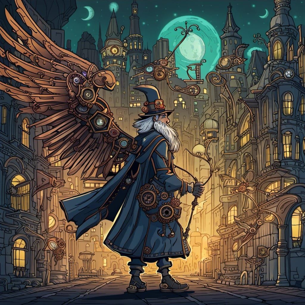 Steampunk Wizard with Mechanical Wings in City