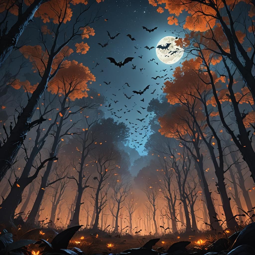Mystical Forest with Bats in Dark Fantasy Style