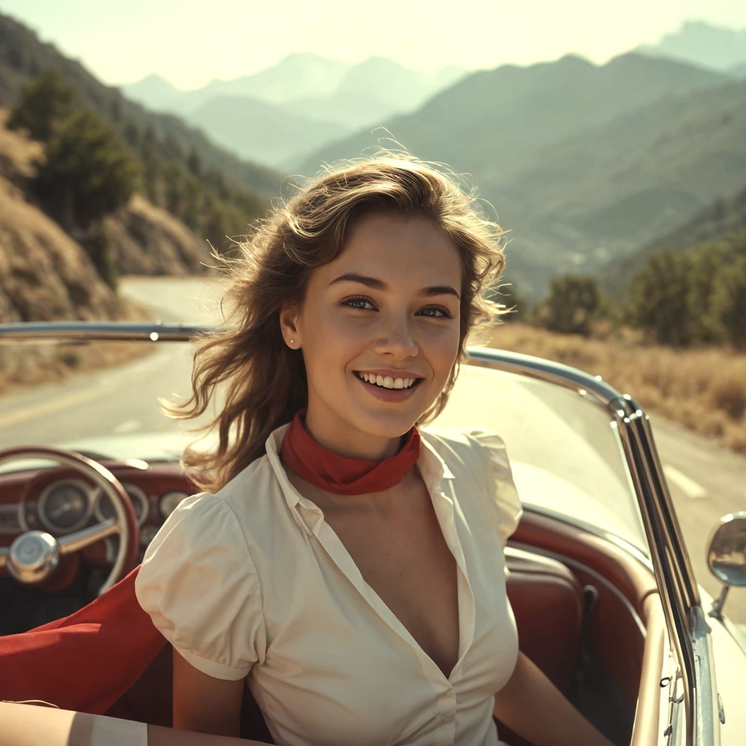 Serenely Beautiful Woman Cruises Down a Mountainous Road