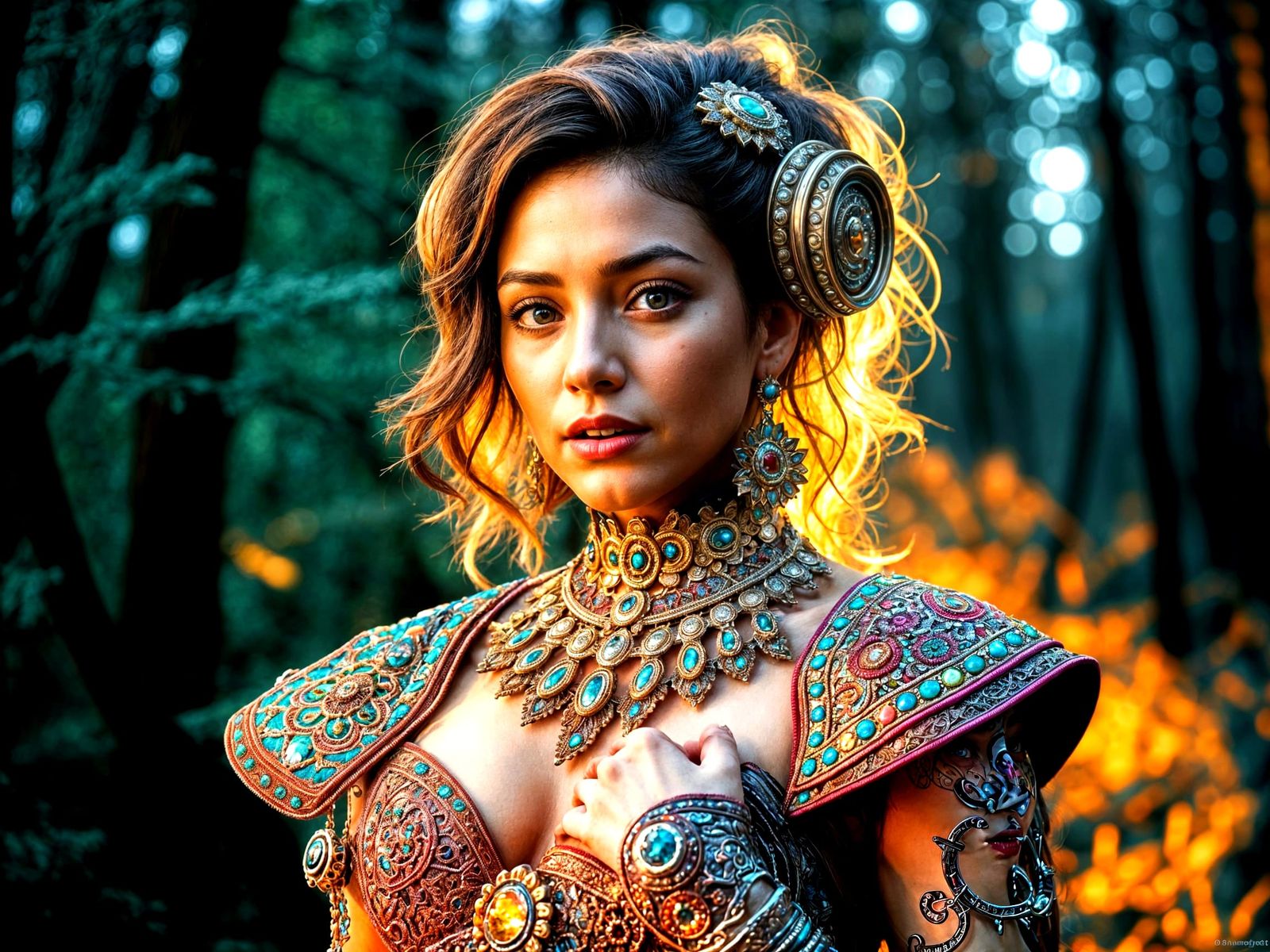 Futuristic Woman in Ethereal Woods: Cinematic Portrait