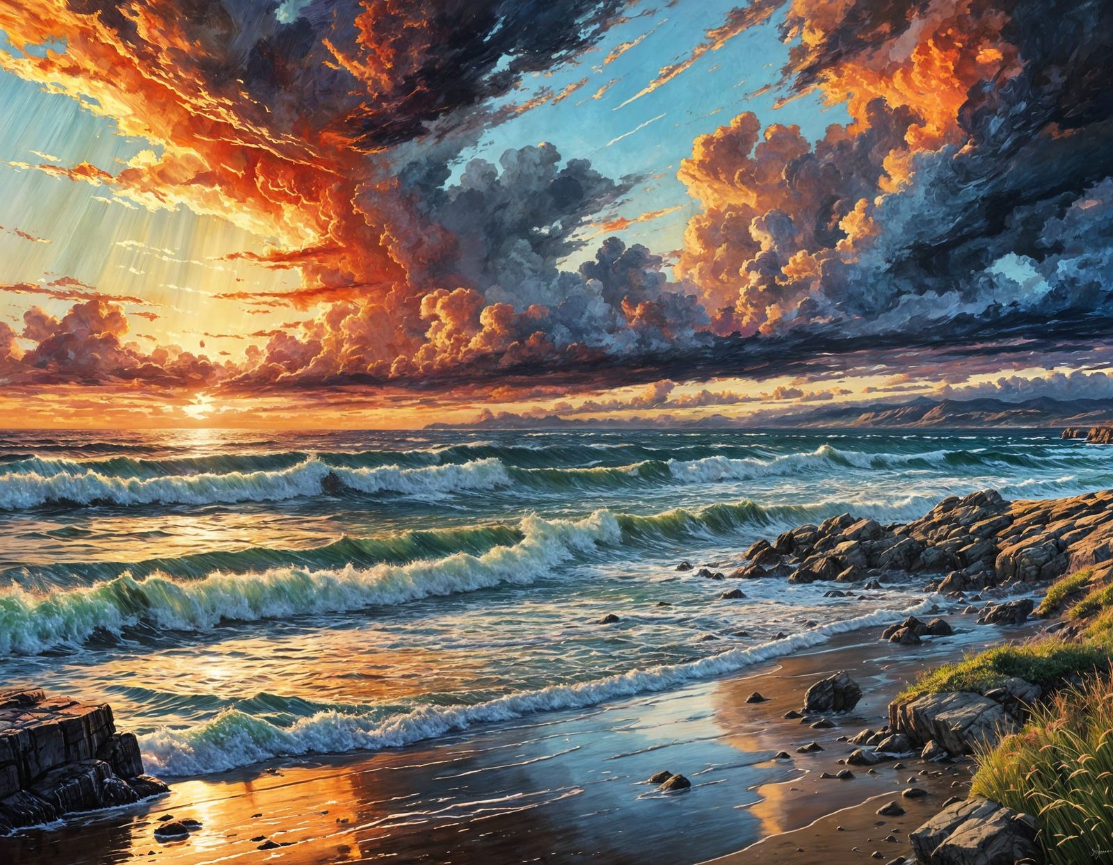Epic Summer Sunset Coastline Painting