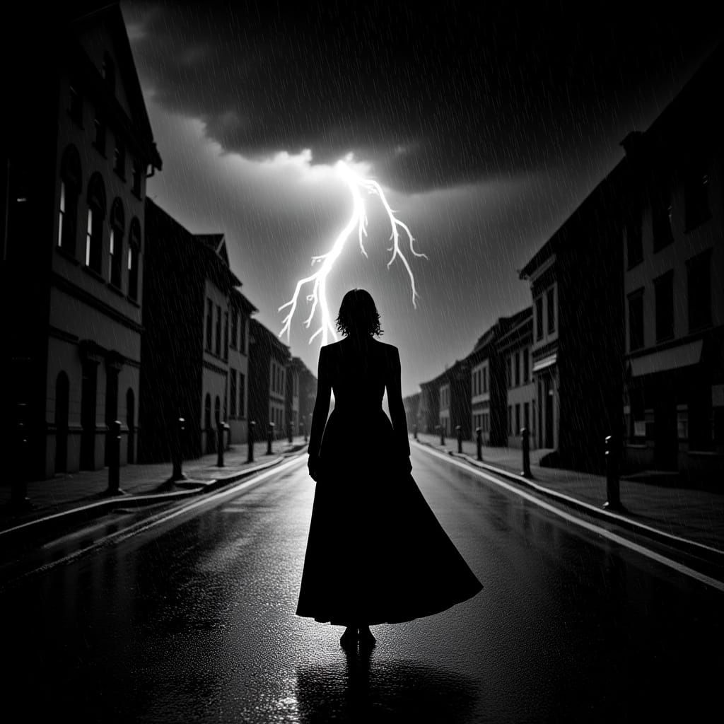 Noir Woman in Thunderstorm with Sunshine Rays