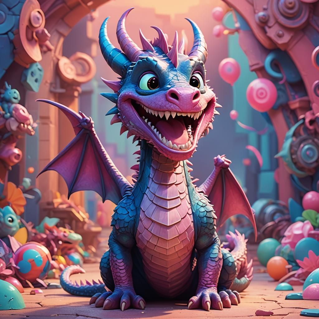 Cute Dragon Smiling: Vibrant 3D Anime-Inspired Art