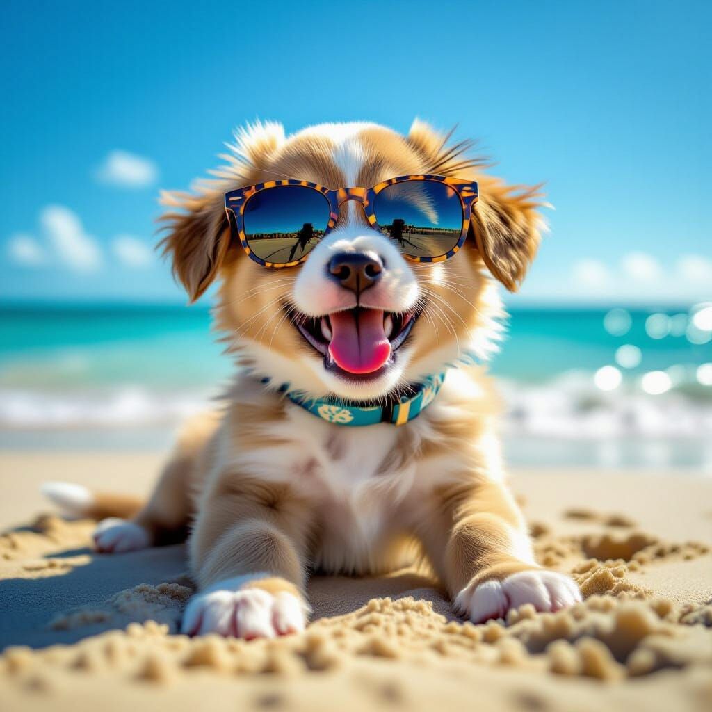 Joyful Puppy Plays on Sunny Beach with Sunglasses