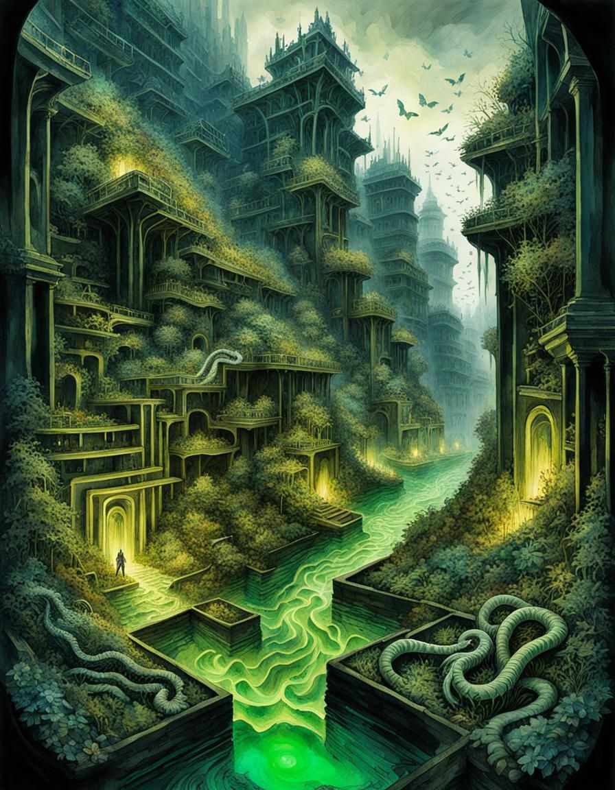 Eerie Dark Fantasy Maze Cityscape in Watercolor