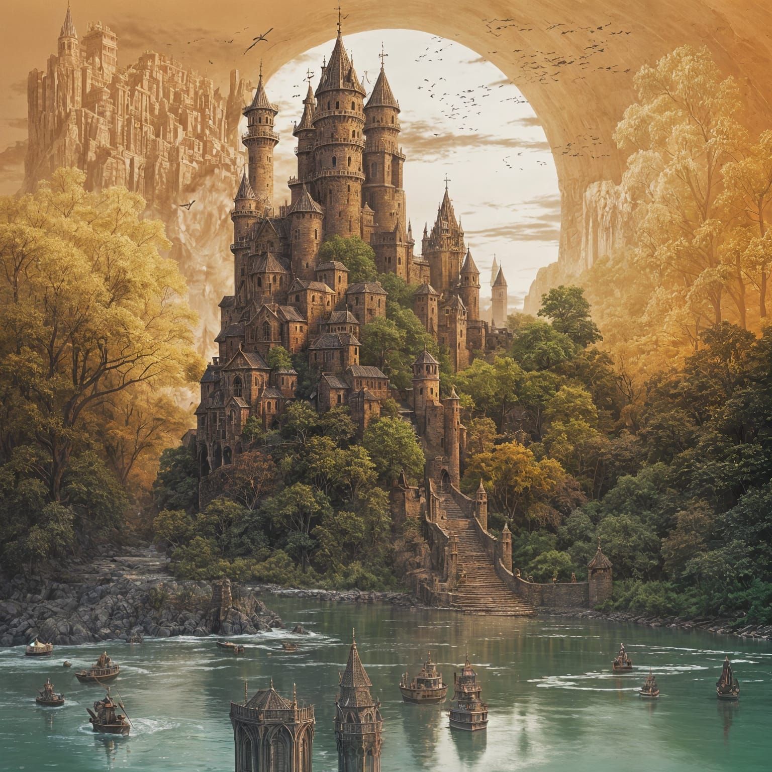 Surreal Medieval Book Tower with Runes