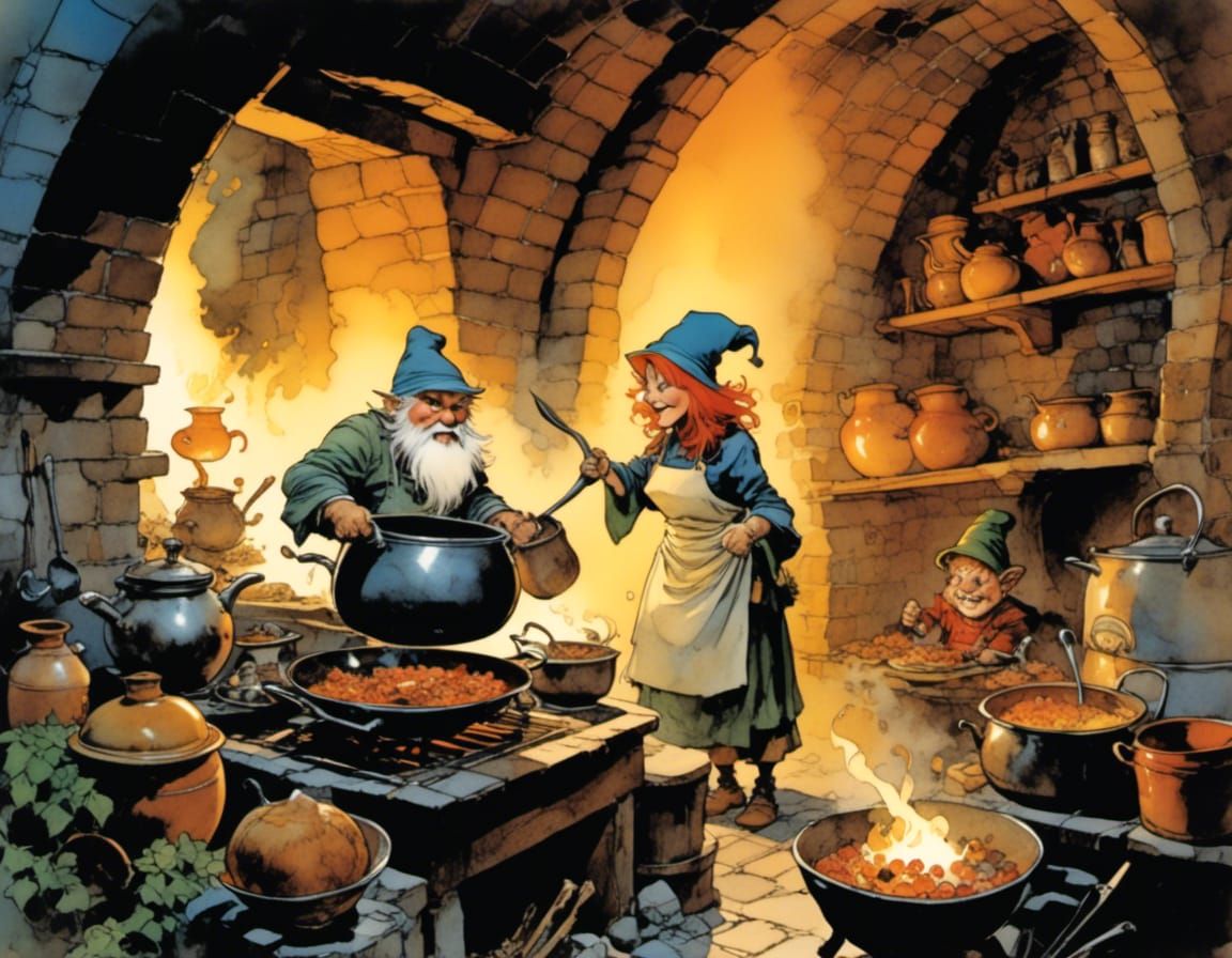 Gnome Couple Cooking in Underground Lair: Splash Art
