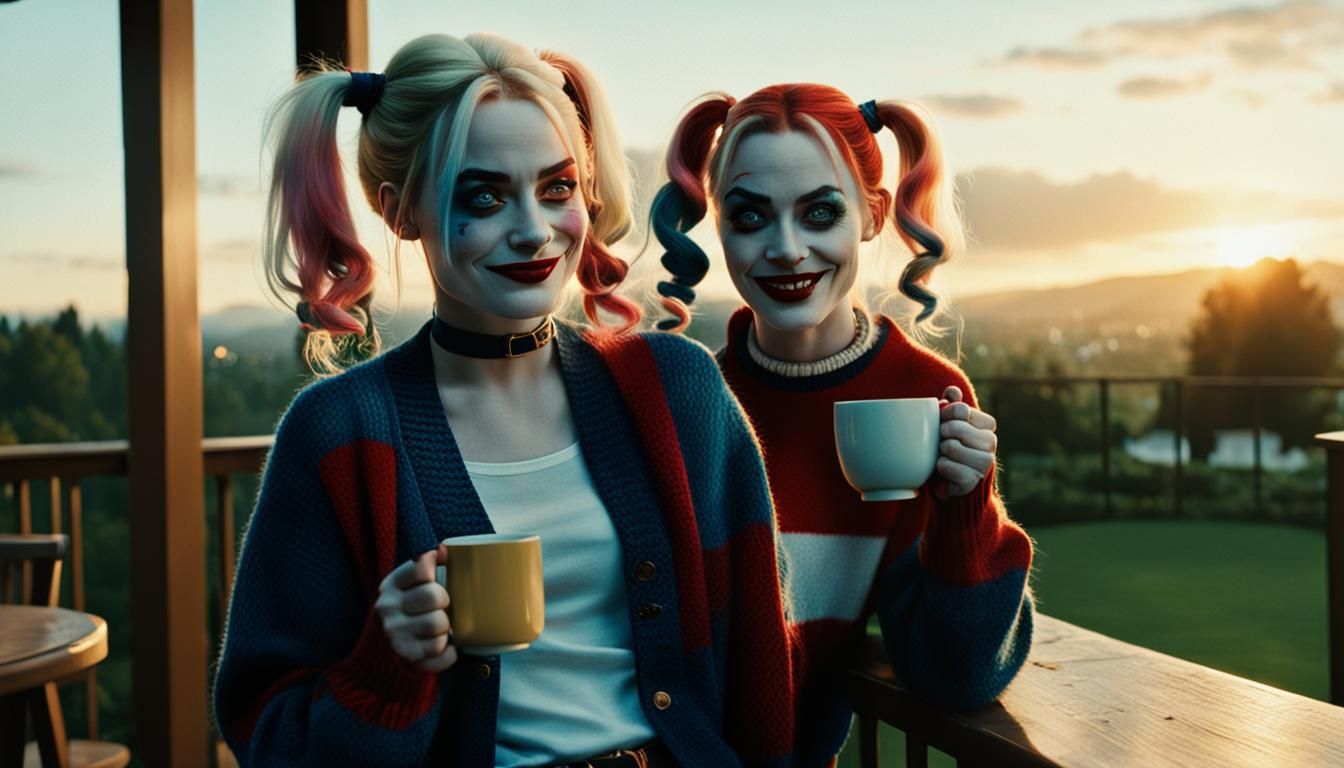 Relaxed Harley Quinn on a Sunset Veranda