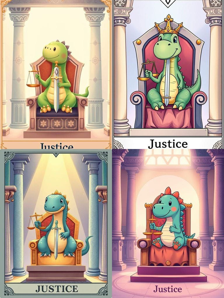 Dinosaur Justice Tarot Card in Pastel Watercolor Style