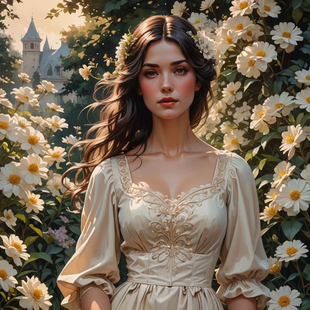 Brunette Girl in Flower Garden, Acrylic Painting