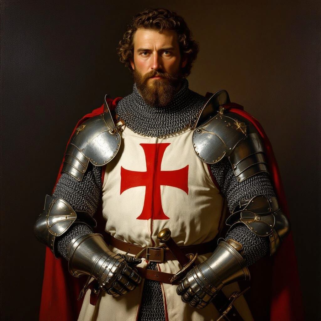 A Weary Knight with Red Cross Emblem, Oil Painting