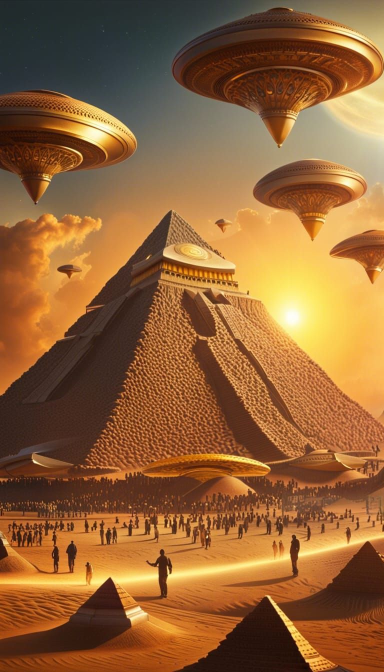 Humans and Aliens Constructing Pyramids at Golden Hour