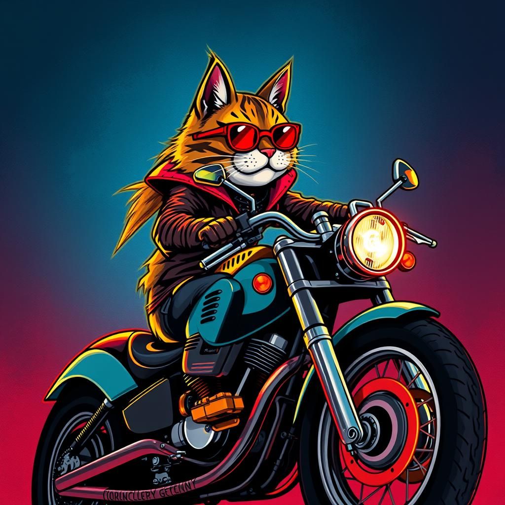 Grumpy Cat on Chopper Motorcycle in Pop Art Style