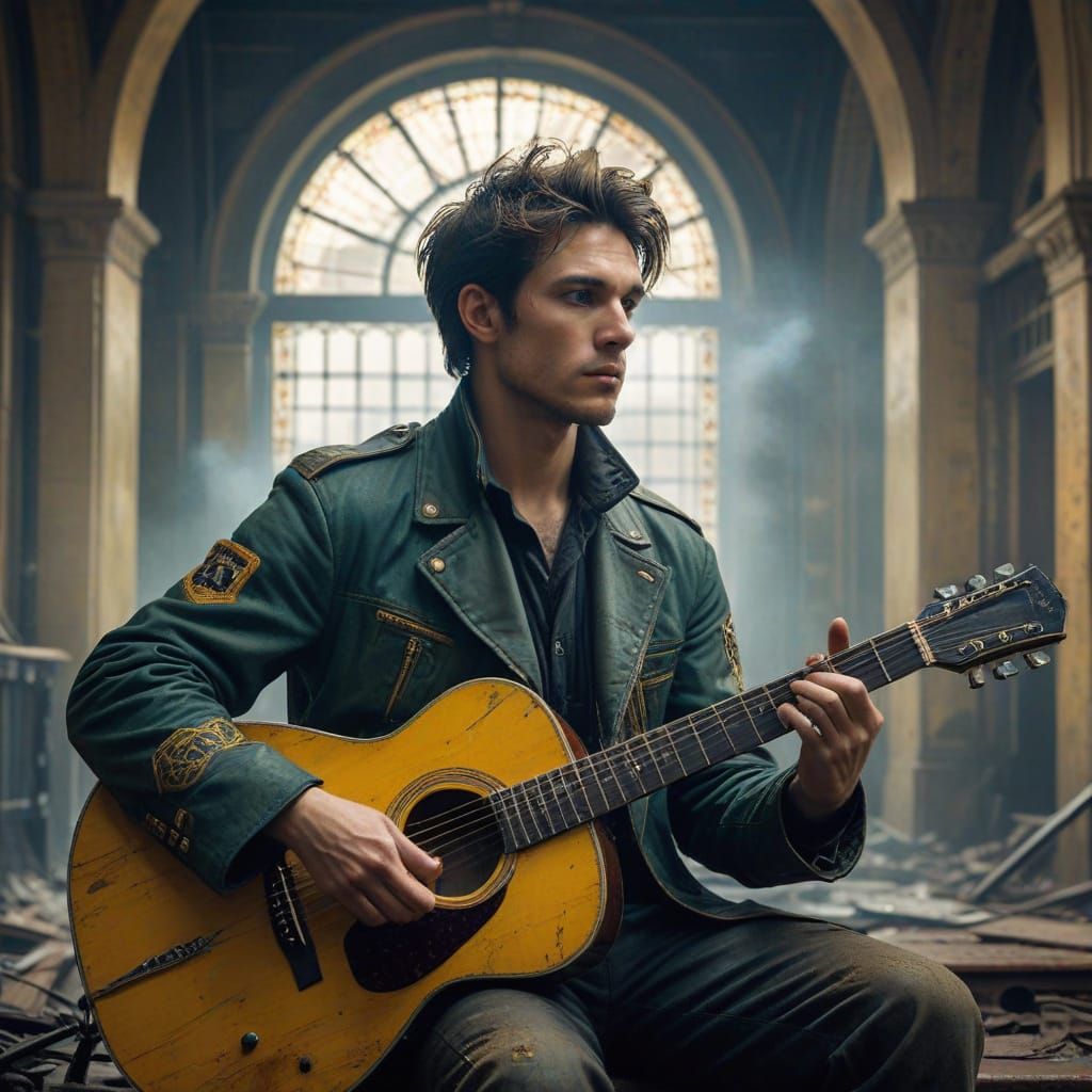 Contemplative Musician in a Ruined Metropolis