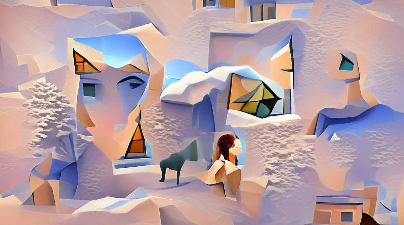 Girl looking out of a window in a snowi landscape
