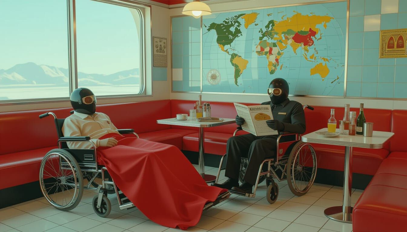 Bandit's Retro Nap in Airport Bathroom: Syd Mead Style