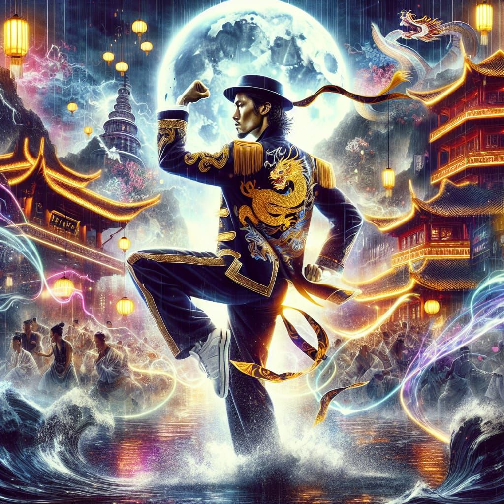 Asian kung fu style dancer stands in a powerful martial arts...