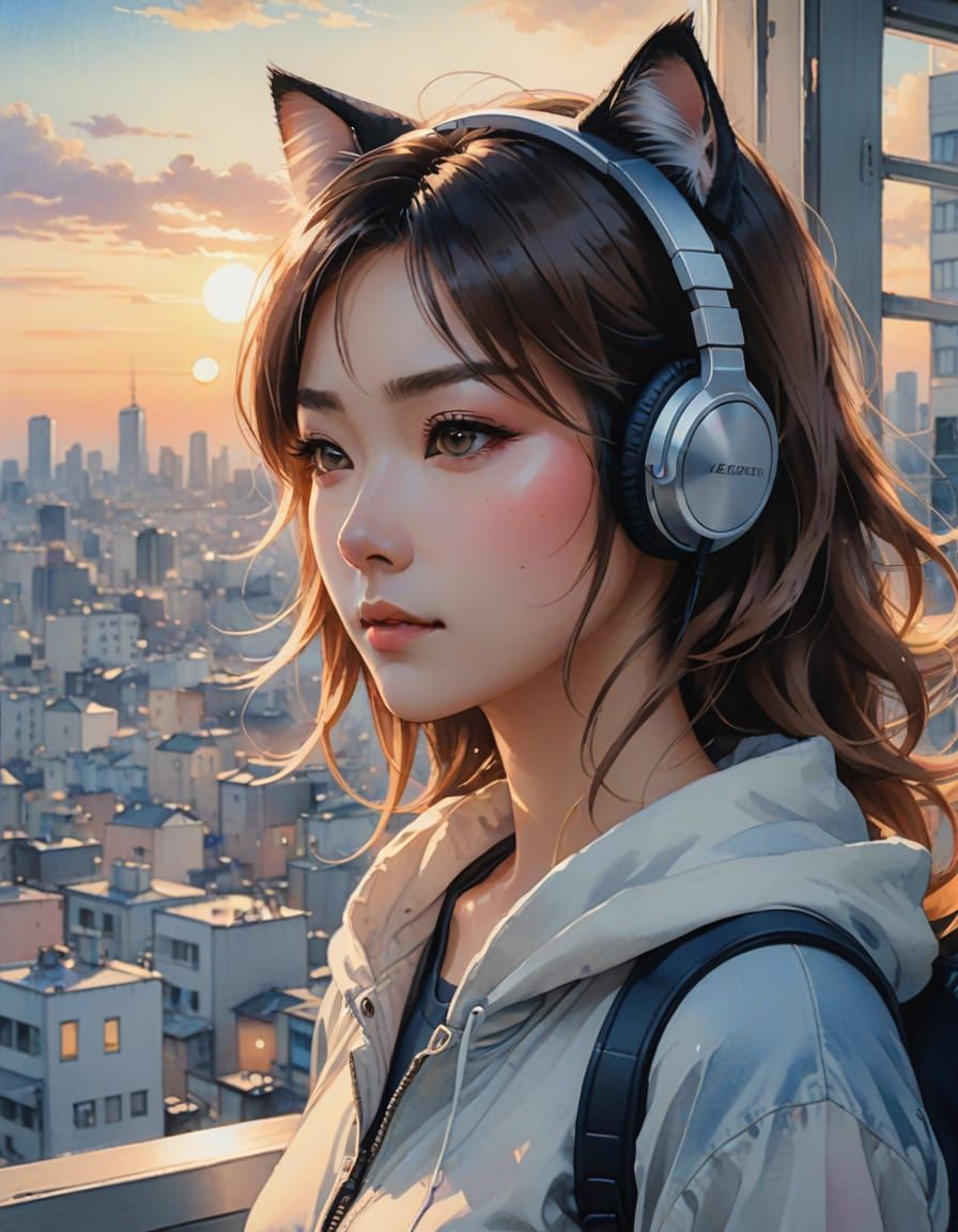 Anime-Style Portrait of a Young Woman Relaxing in Warm Light