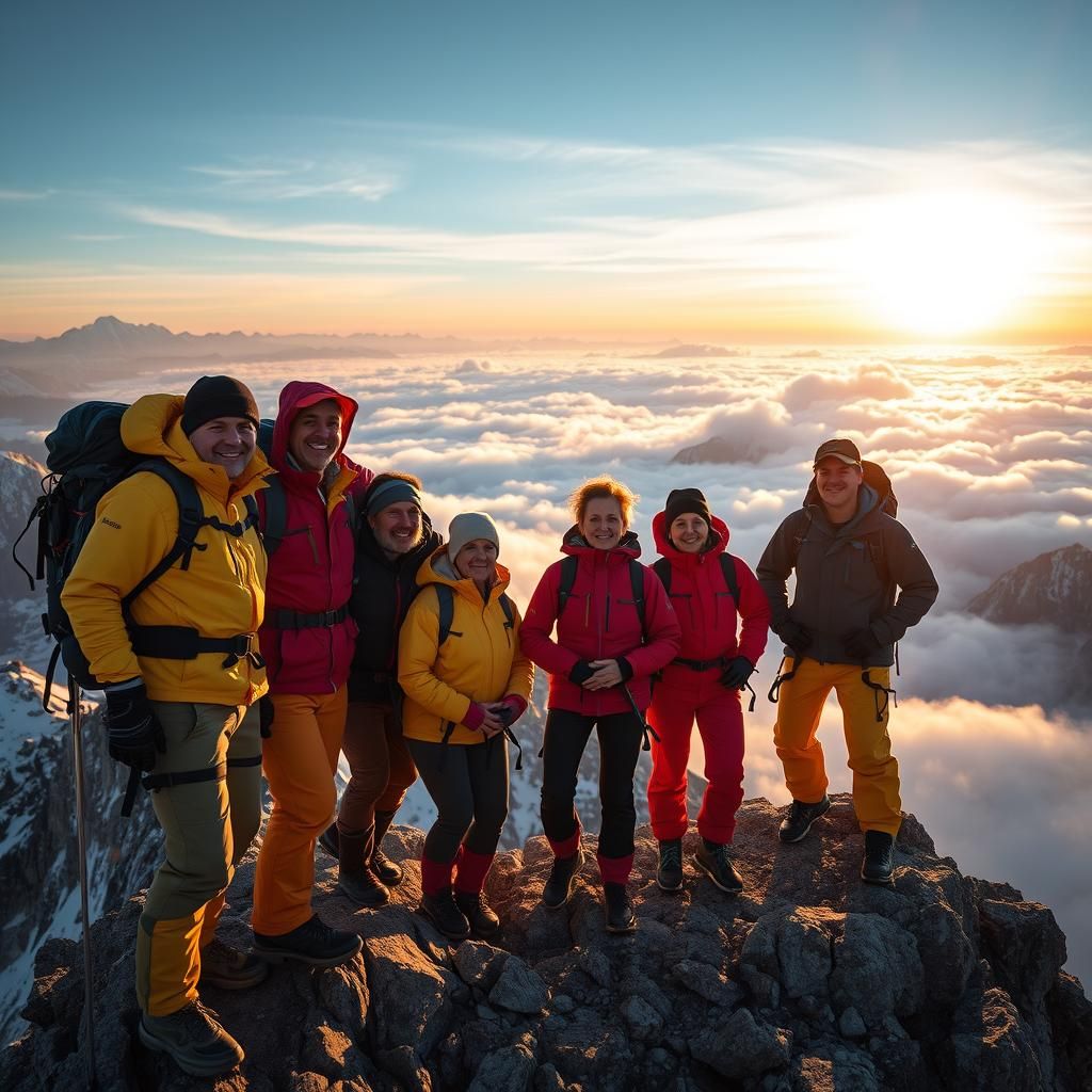 Climbers Celebrate Sunrise on Mountain Summit