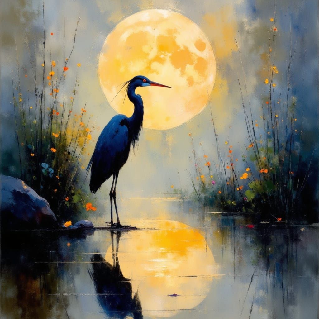 Ethereal Heron Silhouette Under Full Moon