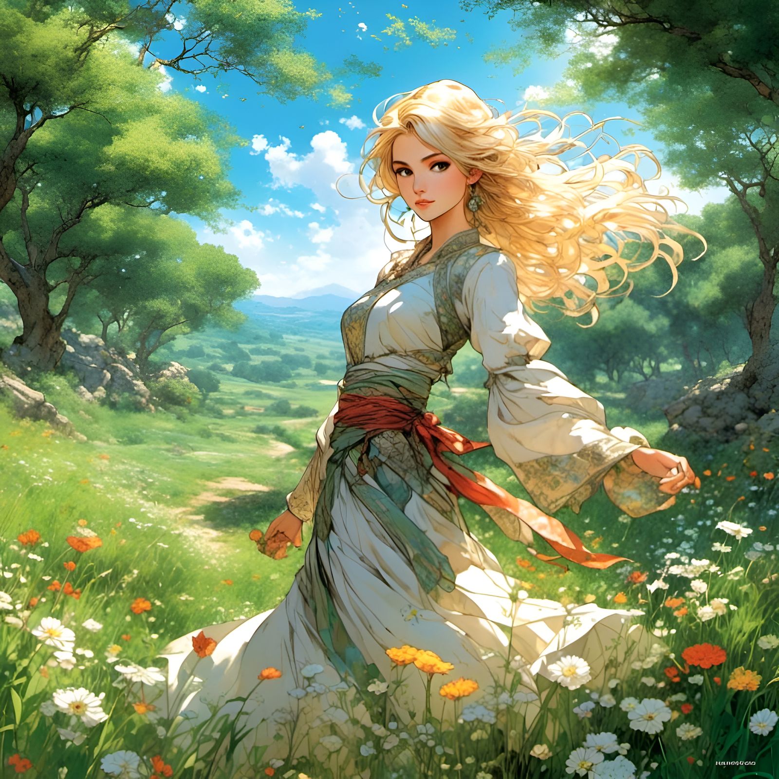 Anime Woman Picking Flowers in Lush Meadow