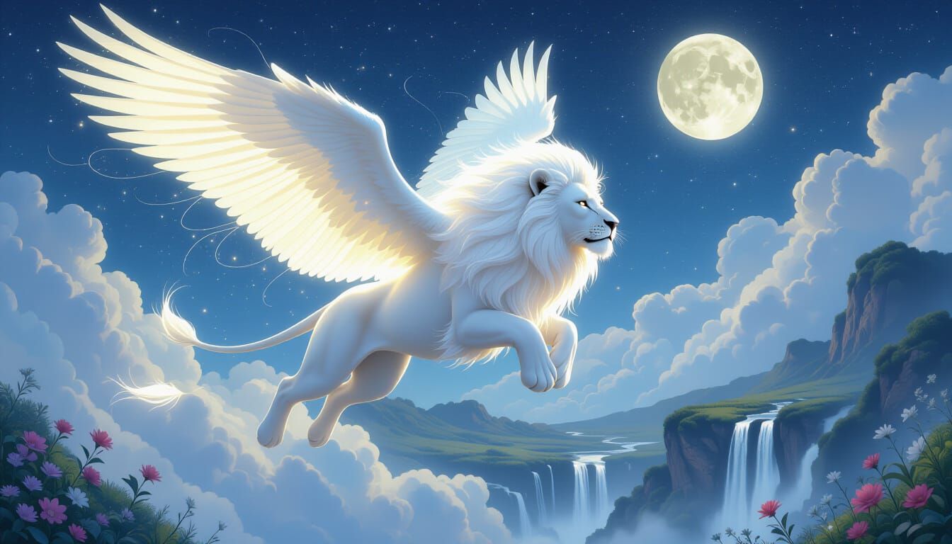 Winged Lion Soaring Over Luminous Landscape, Ink Splatter Ar...