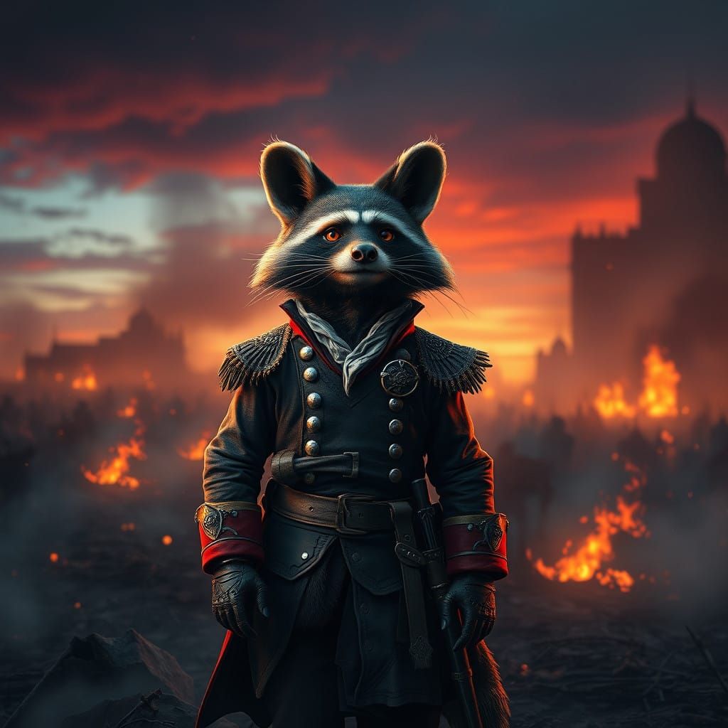Napoleon Raccoon Surveys Battlefield Ruins
