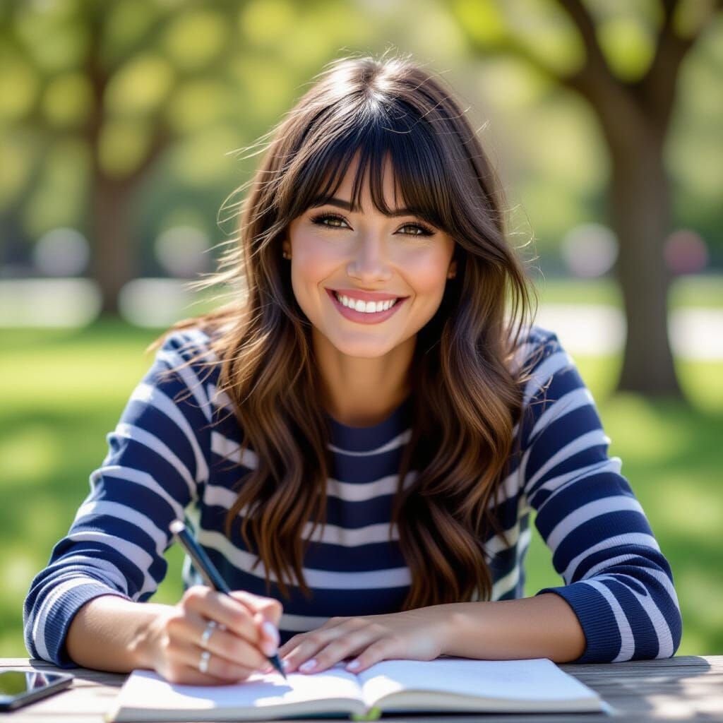 Woman with Colorful Hair Writes in Park Notebook