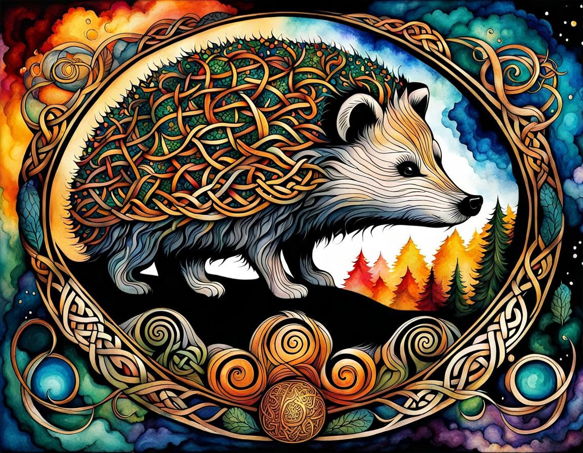 Celtic Hedgehog in Stormy Forest, Watercolor Art