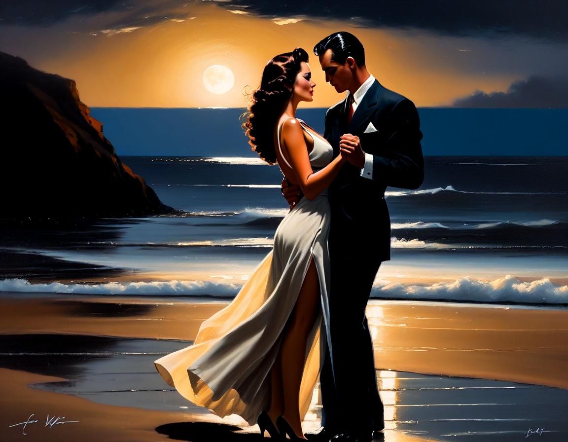 Romantic Beach Dance in Oil Painting Style