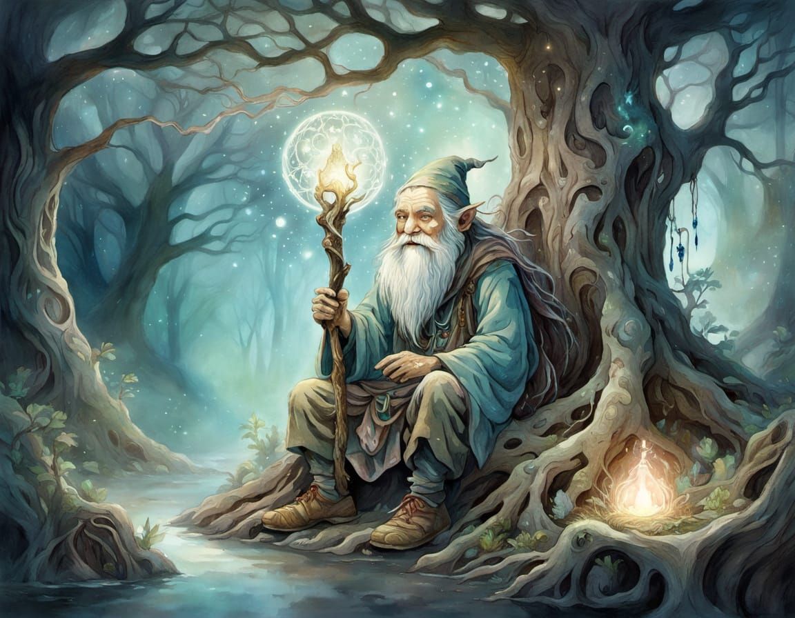 Rock Gnome Druid in Mystical Forest, Ethereal Light
