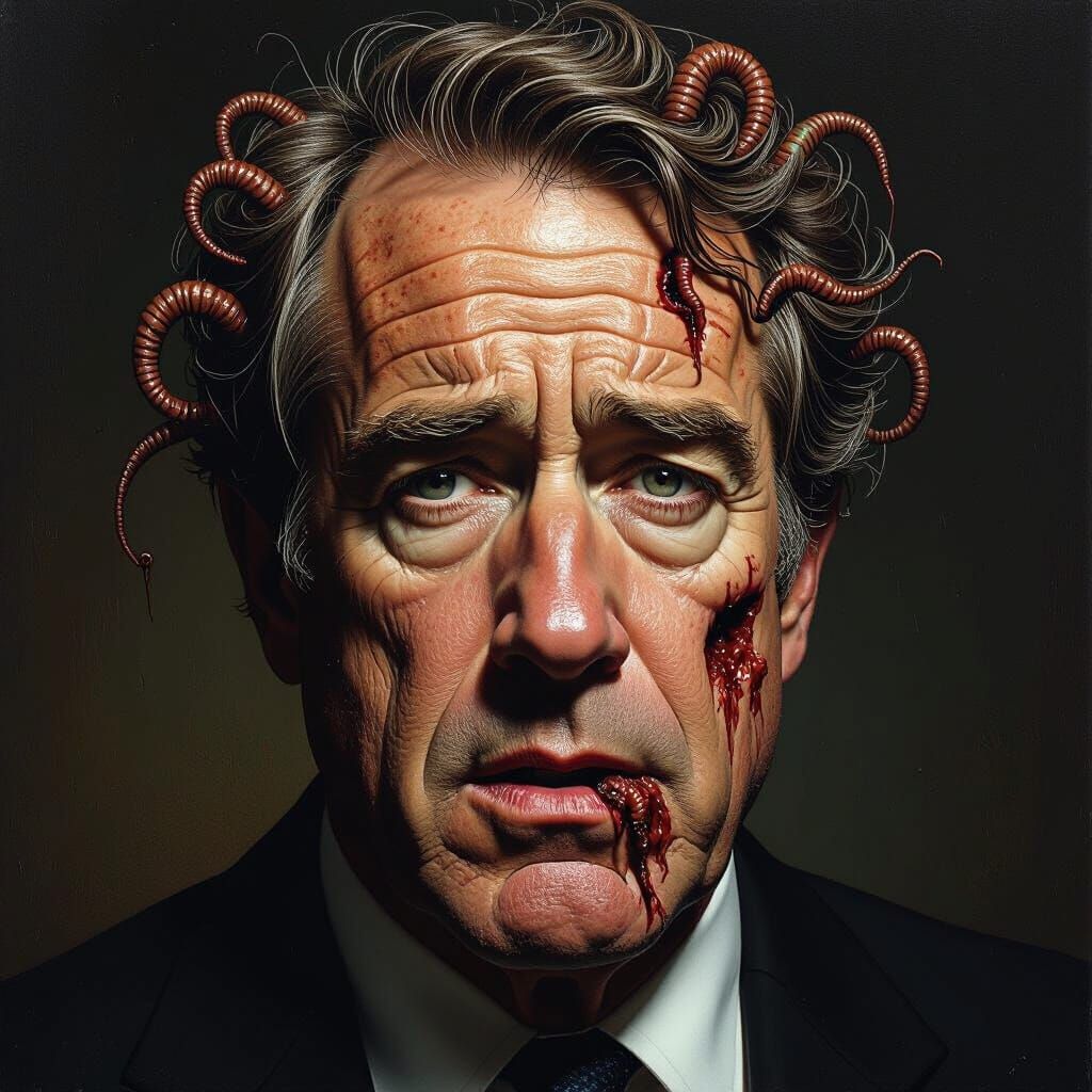 Macabre Portrait of Aged RFK Jr. with Worms