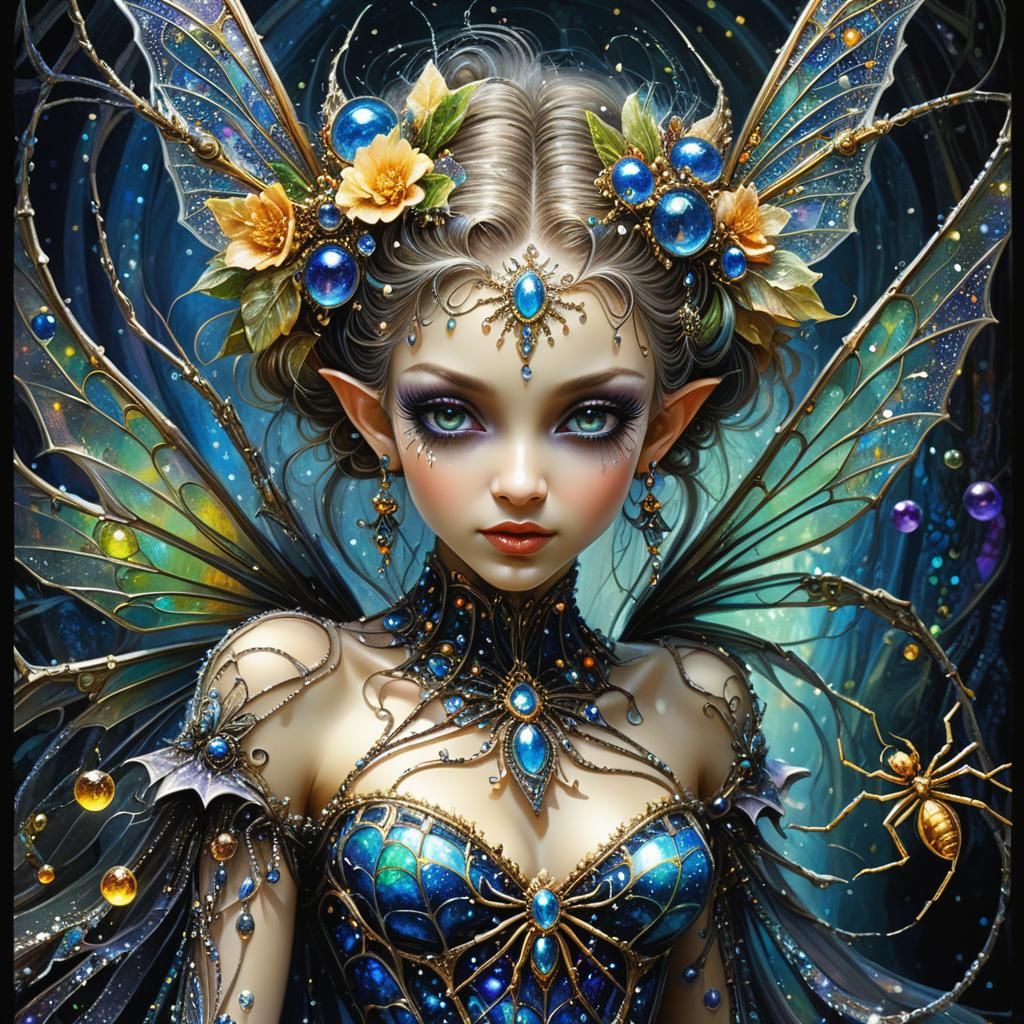 Dark Spider Fairy with Elves in Glass Mosaic Style