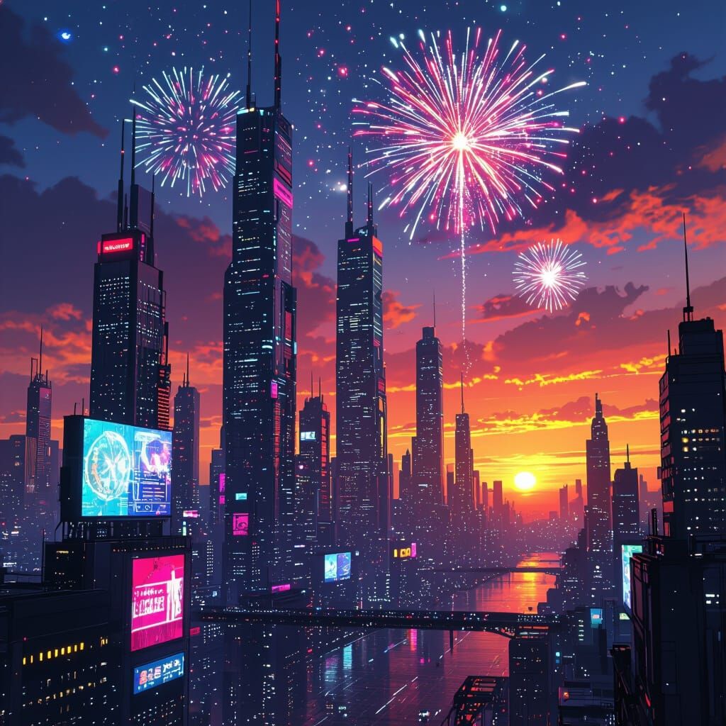 Cyberpunk Cityscape at Sunset with Fireworks