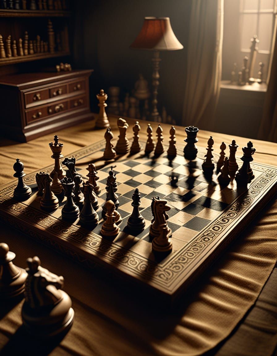 Antique Chess Set in Dusty Attic, Photorealistic Style
