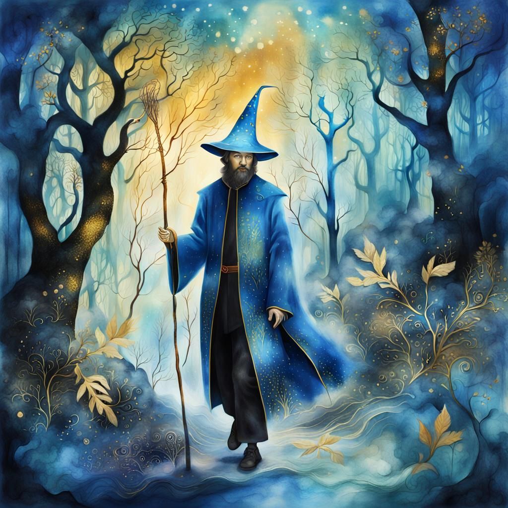 Mystical Wizard in Surreal Forest, Watercolor Art