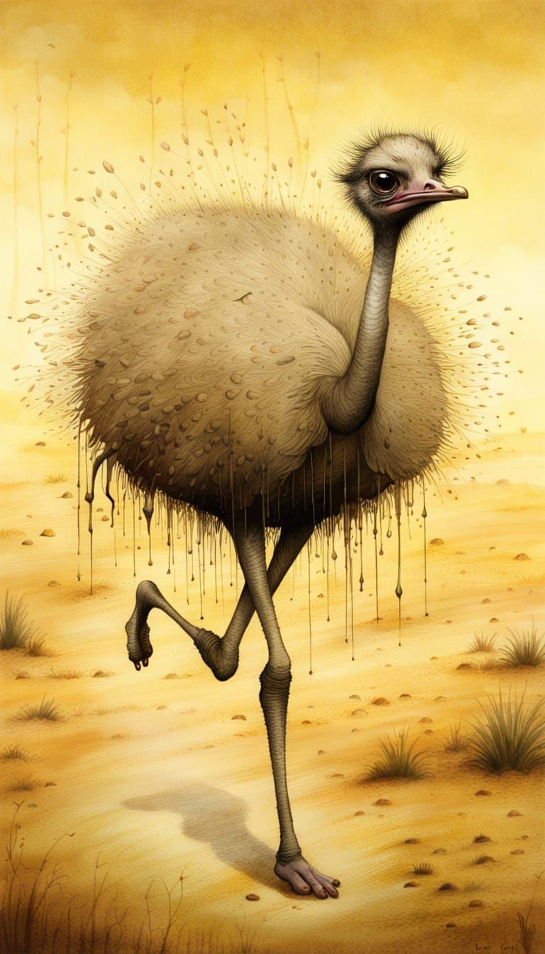 Ostrich Runs the Savannah: Dripping Watercolor Art