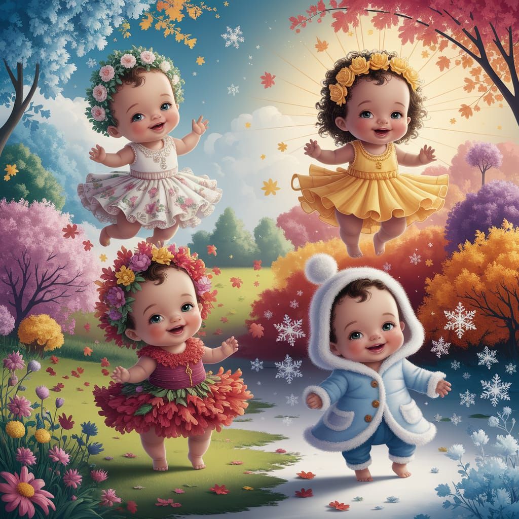 Whimsical Babies Embodying Seasons in Dreamlike Landscape