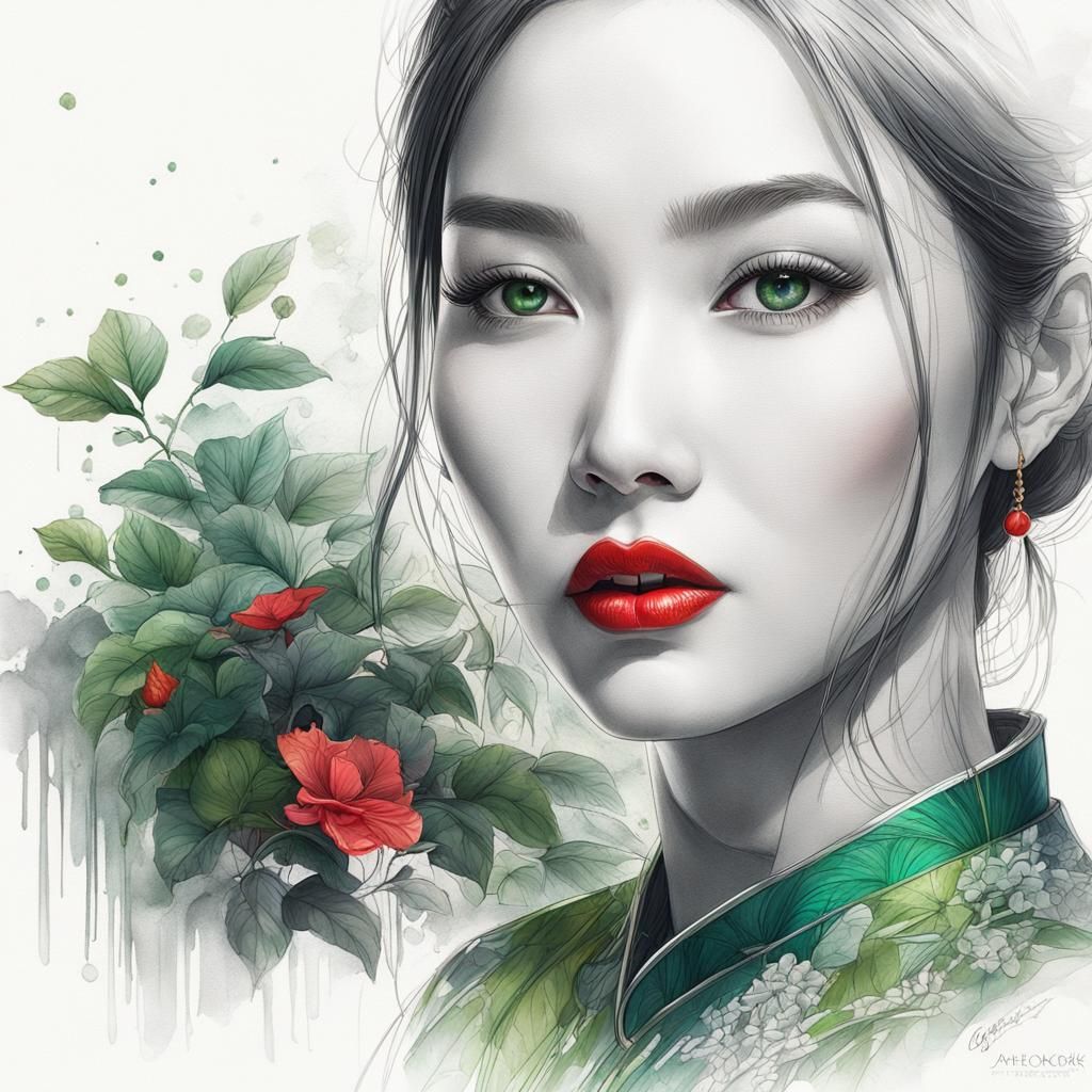 Asian Woman in Secret Garden: Pencil Sketch